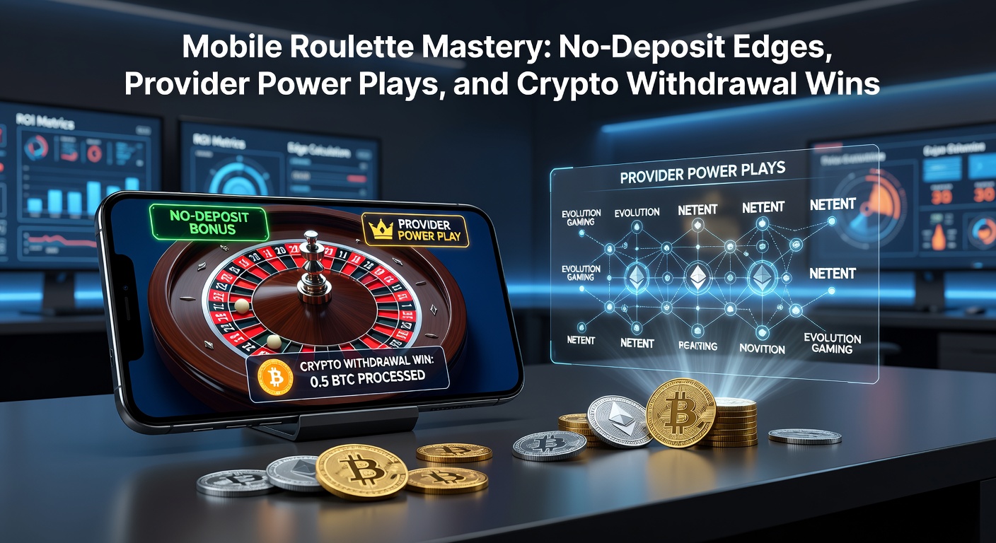 Smartphone mit Roulette-Rad auf dem Bildschirm, umgeben von Krypto-Symbolen und No-Deposit-Badges, die mobile Spiele-Sessions illustrieren