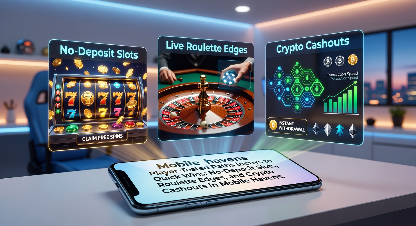 Smartphone mit laufendem Slot-Spiel und Crypto-Wallet im Vordergrund, umgeben von Roulette-Tischen in einem mobilen Casino-Interface